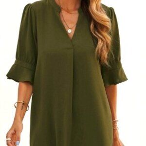 Notched Neck Flounce Sleeve Tunic Dress